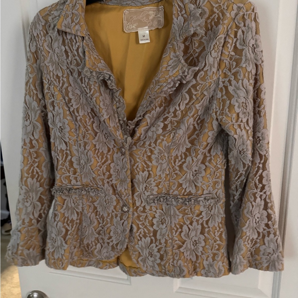Chico's Gray Lace Overlay Blazer